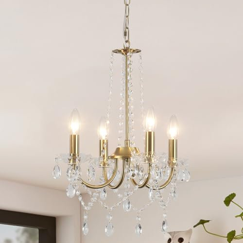WTUOING Crystal Chandelier, 4 Lights Gold Chandelier Crystal Pendant Light for Dining Room Lighting Fixtures, Ceiling Light Fittings for Living Room, Bedroom, Hallway, Kitchen