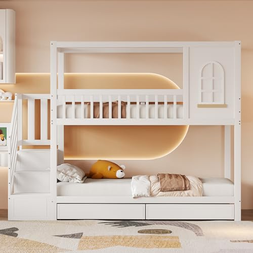 Moimhear Letto a castello per bambini 90x200cm, letto matrimoniale in legno massiccio, forma casa con finestre, design con recinzione di sicurezza, con cassetti e scala di sicurezza, letto per