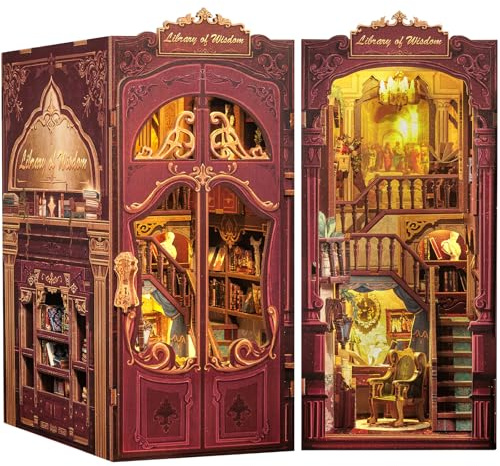 CUTEBEE Book Nook Kit, DIY Miniatur Haus Puppenhaus Booknook Bibliothek Kit, 3D Holz Puzzle Buchstütze Dekor mit LED-Licht Modellbausätze für Jugendliche und Erwachsene(Library of Wisdom)
