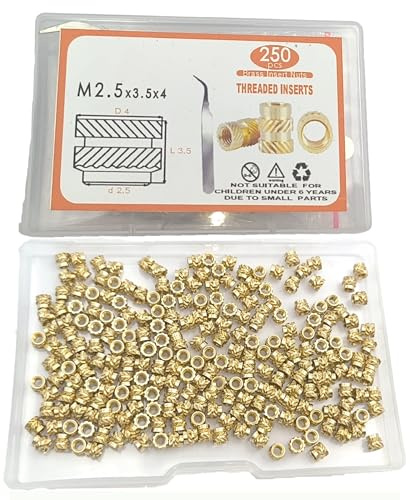 250 Stück 3D-Druck Messing Muttern, M2.5x3.5x4 Gewindeeinsätze Heat Set für Kunststoff metrische Rändelmuttern Sortiment Kit für 3D-Druck-Komponenten