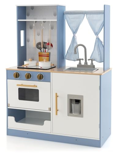 FANTASK Cocina Infantil de Madera con Cortinas, Cocina, Fregadero, Horno y dispensador de Agua, Cocina de Juguete con Utensilios de Cocina, Sonidos y Luces, para niños a Partir de 3 años