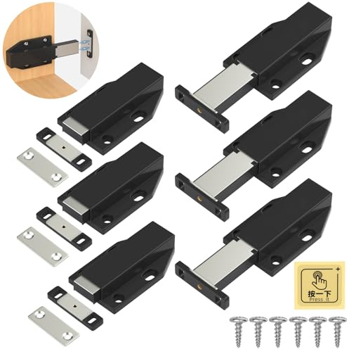 Push Open Door Catches Jiayi 6 Pack Magnetic Push Latches Cupboard Touch Latch for Kitchen Drawer Closer Black Touch Release Open for RV Door Damper, Large Push to Open Wardrobe Closure