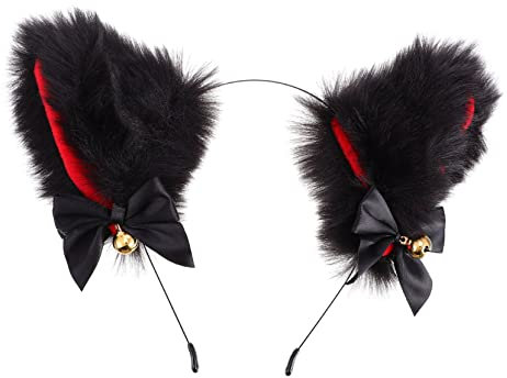 BELLIFFY Modischer Kopfschmuck mit Katzenohren schwarzes und rotes Kunstfell mit Schleifen und Glöckchen bequemer Haarreif für Rollenspielkostüme für Mädchen