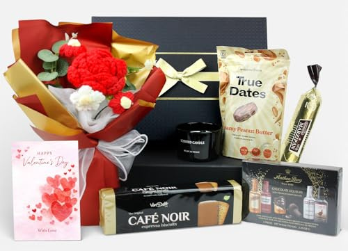 Emartbuy Luxury Gourmet Gift Hamper with Handmade Crochet Bouquet Chocolate Biscuits Coffee & Scented Candle | Perfect for Valentine Birthdays and Special Occasions - Luxe Indulgence