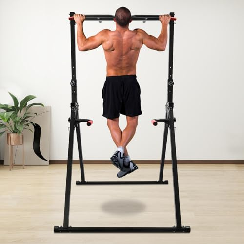 BRRIDE Barre de traction pliable Power Tower Dip Station Pull Up Bar réglable en hauteur pour fitness, tige horizontale jusqu'à 200 kg, portée pour la maison, la gymnastique, le calisténique (noir et