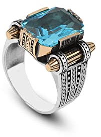 Jewellery Pit - Aquamarin-Siegelring im osmanischen Stil für Herren, gravierter Vintage-Ring aus 925er Sterling Silber, polierter Edelstein, handgefertigter Verlobungsring (60)