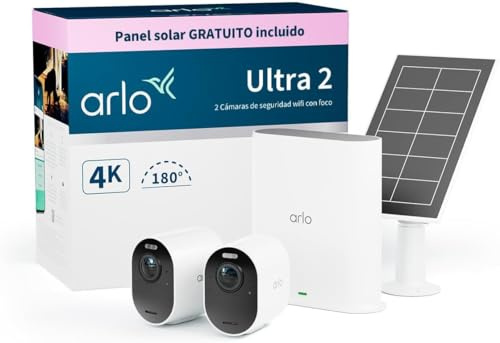 Arlo Ultra 2 4K avec SmartHub plus Panneau Solaire Offert, Camera Video Surveillance WiFi Exterieures Sans Fil, Vision Nocturne Couleur, Compatible Alexa, Essai Arlo Secure Inclus, Pack de 2 Cameras
