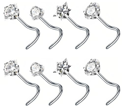 BellaGesundheit Lot de 8 piercings de nez 20 g - En acier chirurgical 316L - En forme de L - Hypoallergéniques - Pour le nez - 3 mm, L, Acier chirurgical, Zircon cubique