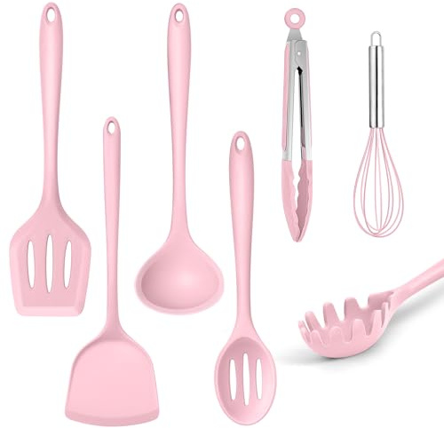 TEAMFAR Küchenhelfer, Antihaft Silikon Küchenset Küchenutensilien 7er Set, Hitzebeständiger Kochbesteck Kochutensilien Set mit Pfannenwender für Kochen, Ungiftig, Leicht zu Reinigen, Rosa