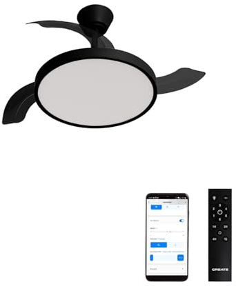 CREATE / WIND CLEAR S/Ventilador de techo con luz negro con mando y Wifi / 40W, Ø91 cm, temporizador, 6 velocidades, aspas retráctiles, 3 temperaturas de luz, función verano-invierno