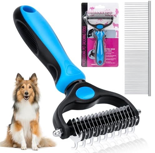 TAOPE Spazzola per Cani, Pettine Sottopelo per Pelo 17+9 Doppia Faccia, Cardatore per Cani Undercoat Rake Strumento di Deshedding per Cane Pelo Lungo, Medio e Corto (Blu)