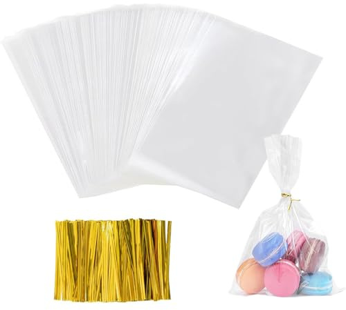 GGUFAY 50 Stück 15 x 25 cm Durchsichtige Cellophantüten,mit 50 Geschenkschleife,Süßigkeiten Geschenkbeutel,Tüten Zum Befüllen Verpackungstüten für Geschenktüten Weihnachten Schokolade Keks