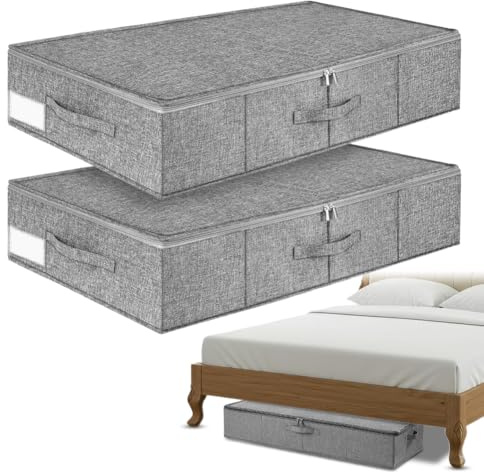 Ruioomeep Contenitore sotto il letto, con chiusura lampo, 2 cassettiera sotto il letto, con coperchio e 3 maniglie, per cuscini, vestiti, coperte, grigio umidità
