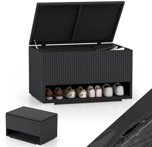 HOMASIS 186L Baule da Esterno con Scarpiera, Cassapanca da Giardino in Rattan PE, Resistente alle Intemperie, Contenitore da Esterno con Fodera Protettiva e Coperchio, 95 x 60 x 58 cm (Nero)