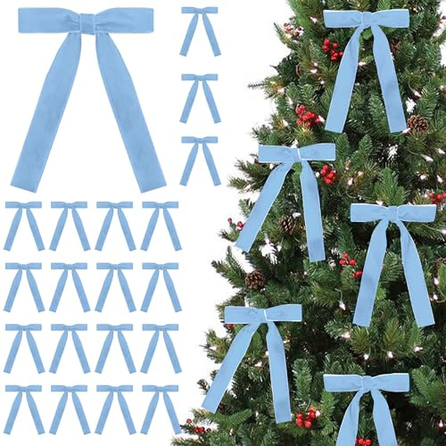 SIMISI RIBBON 24 Pcs Light Blue Velvet Bows Christmas Tree Ornaments Vintage Ribbon Bow for Tree Garland Wreath Rustic Crafts Gift Indoor Outdoor Xmas Decorations