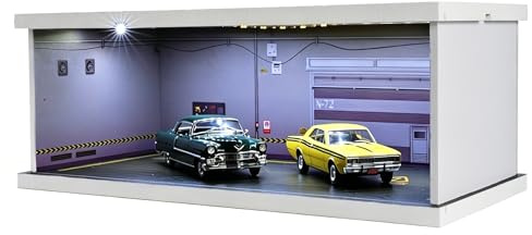 NUEIOVRW Modèle de garage diorama 1/43, éclairage LED tricolore pour parc de stationnement, éclairage à intensité variable pour voitures Hot Wheels moulé sous pression, rangement de scène d'atelier