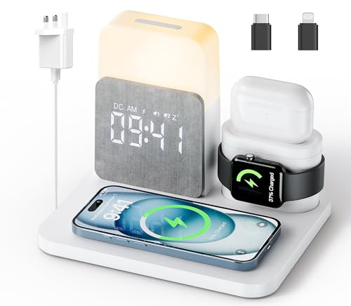 COLSUR 6 in 1 Wireless Charging Station, Magnetic 25W Wireless Charger with Alarm Clock, Night Light, Wireless Charger Stand for iPhone 16 15 14 13 12 11 X Pro Max, Apple Watch, AirPods