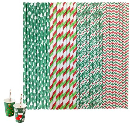 100 Stück Biologisch Abbaubare Papierstrohhalme für Weihnachten, Geburtstagsfeiern und Hochzeiten - Bunte, Recycelbare Strohhalme mit 4 verschiedenen Weihnachtsdesigns für Partyzubehör