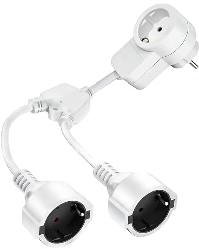 DKTYGER Doppelstecker für Steckdose, Verlängerungskabel mit integrierter Steckdose im Stecker, 2 schuko verlängerung, 2 in 1 Steckdosenadapter mit Flexible Kable 3500W Weiß 2m