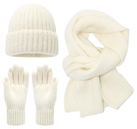 MüTze Schal Handschuhe Damen Winter Set,Winter-Warmer Mit Fleece GefüTterter Strickschal FüR Erwachsene Bei Kaltem Wetter Outdoor-AktivitäTen