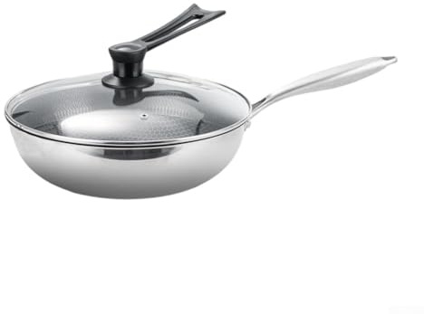 Besttoolifes Wok in acciaio inox, 32 cm, con coperchio, compatibile con induzione a tre strati, per cucina di casa (con coperchio)