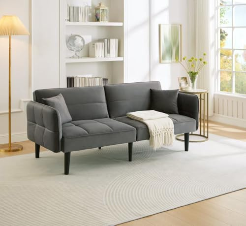 ECLIVON Sofá Cama Plegable con Respaldo Ajustable, Sofás con Reposabrazos y Cojines, Sofás con Almohada para Apartamento, Sofá Convertible Matrimonio para Dormitorio, Terciopelo (Gris)