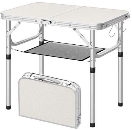 WOLTU Klapptisch Klein, 4-Fach höhenverstellbar, 60x40cm, Weiß | 25/36/50/60 cm Höhenverstellung, MDF und Alu, Mit Aufbewahrungsnetz und Haken, Campingtisch für Picknick Grill Garten