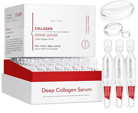 Deep Collagen Face Serum Ampoules, Triple Collagen & Hyaluronic Acid Anti-Ageing Moisturiser with Niacinamide & Panthenol, Hydrating Skincare for Fine Lines, Dryness & Dullness (30 x 1.5ml)