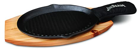 Jim Beam JB0159, Heavy Duty Construction, Pre Seasoned Cast Iron Skillet with Wooden Base and Mitt, Black,Small