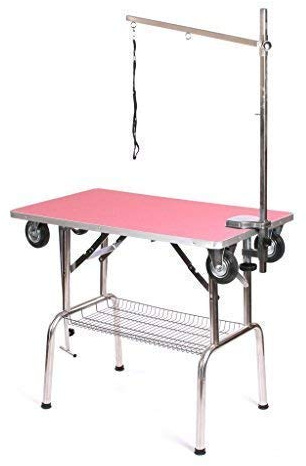Pedigroom Stainless Steel Mobile Dog Grooming Show Table With Wheels Pink