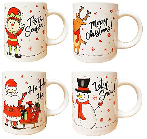 Festive Party Set of 4 Xmas Mugs - Home & Office Tea & Coffee Cups - Ceramic Winter Tableware