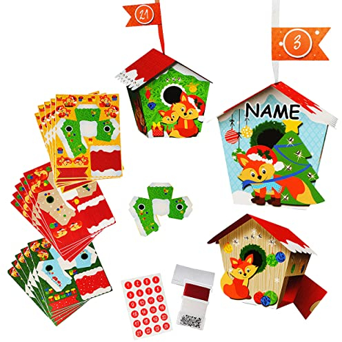 alles-meine.de GmbH XL BASTELSET - Weihnachtskalender - 24 Vogelhäuser___ incl. Name - mit Fuchs & Geschenken - zum Aufhängen/Hinstellen + zum Befüllen - selber Basteln - für ..