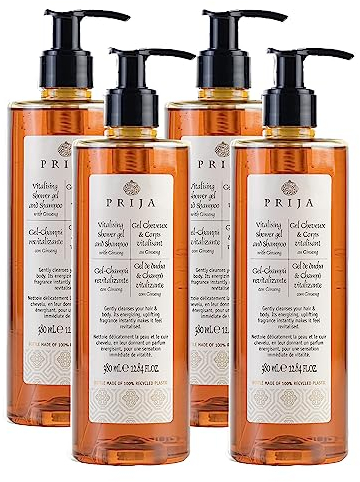 Prija Doccia Shampoo Vitalizzante 2 in 1 con Estratto di Ginseng, Gel Idratante ed Energizzante per Corpo e Capelli con Dispenser a Pompa, Doccia Gel di Lusso 4 x 380ml