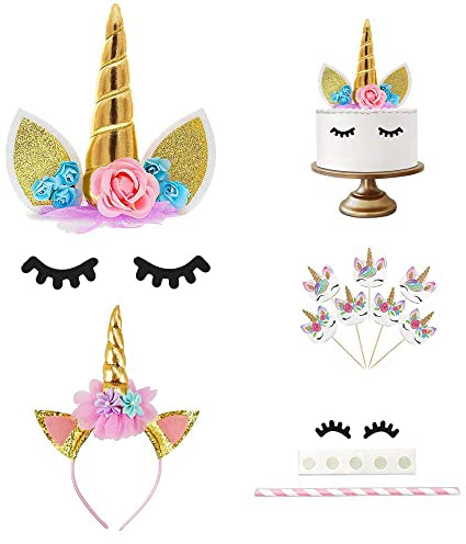 Einhorn Tortendekoration,Einhorn Kuchen Topper Happy Birthday für Geburtstag Hochzeit Party Kuchendeko 3D EinhornhöRner Und -Wimpern