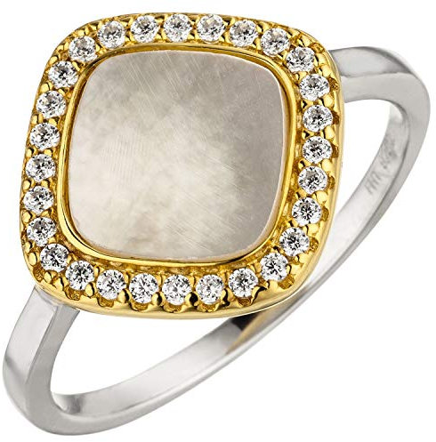 Jobo Damen-Ring aus 925 Sterling Silber Bicolor vergoldet mit Perlmutt und 28 Zirkonia Größe 60