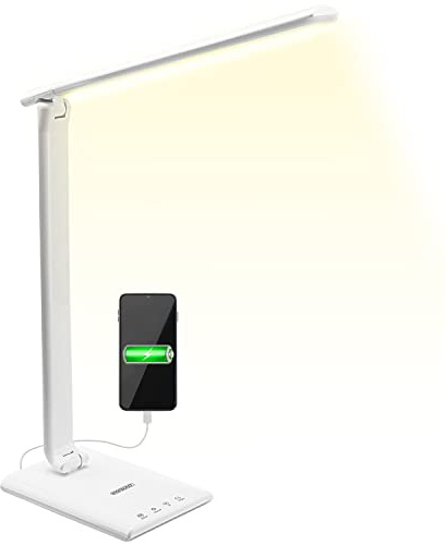 Monzana LED Schreibtischlampe USB Anschluss 3 Farb- 5 Helligkeitsstufen Touch Dimmbar Ladefunktion Tischlampe Büro Nachttischlampe Warmes Licht Weiß