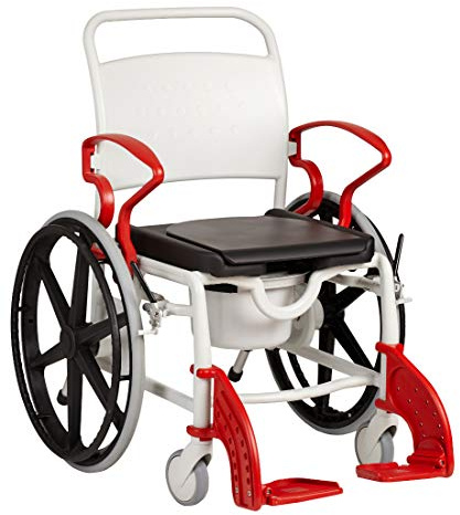 FabaCare Dusch- Toilettenrollstuhl Miami, 24 Zoll Räder, bis 150 kg, Made in Germany, Premium Toilettenstuhl, Duschstuhl fahrbar, Rollstuhl mit WC Eimer, Grau-Feuerrot