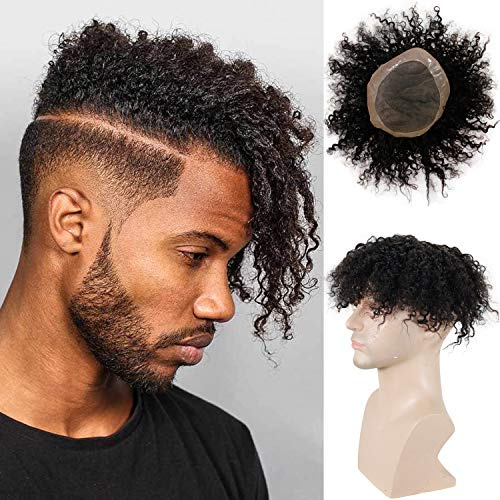 Voloria Toupee for Man Europen Human Hair Replacement Systems Men Hairpiece Mono Lace with PU Around Curly Wig (Natural Black Color, 9x7)