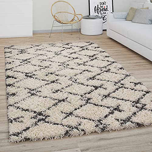 Paco Home Hochflor Teppich Wohnzimmer Schlafzimmer Boho Skandinavisch Shaggy Modern Rautenmuster, Grösse:140x200 cm, Farbe:Creme Anthrazit 3