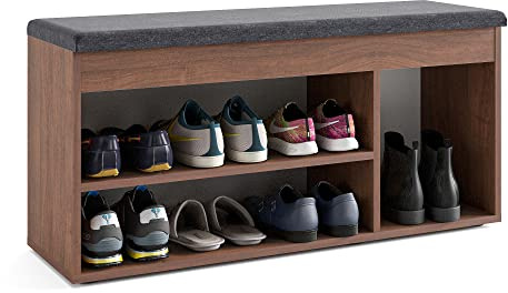 KOMTO Schuhbank mit Sitzfläche - Schuhregal Bank mit Stauraum Nussbaum 100 x 48 x 32 cm Schuhschrank mit Sitzbank Flur Bank Garderobenbank Sofia
