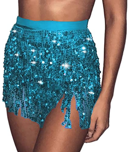 Carufin Women's Belly Dance Skirt Hip Belt Sequin Tassel Skirt Hip Wrap Scarf Rave Music Festival Costume (Lake Blue)
