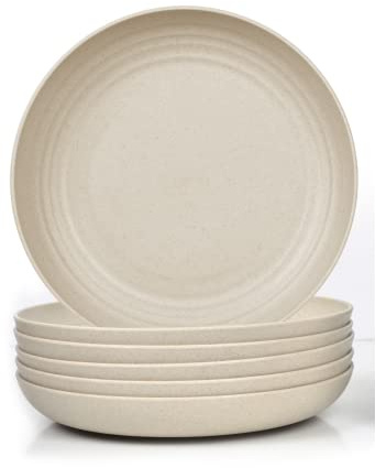 JSYMJSY Djup tallrikssats, 6 delar 23 cm mattallrikar okrossbara, mattallrikar plast återanvändbara, campingtallrik, lätt, plast BPA-fri mikrovågsugnssäker, beige
