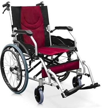 QUIRUMED Faltbarer Rollstuhl PRO LIGHT aus Aluminium | einfach zu bedienen und zusammenklappbar | Feste Armlehnen, klappbare Fußstützen | Manuelle Bremsen, Schwarz und Rot, Aluminium