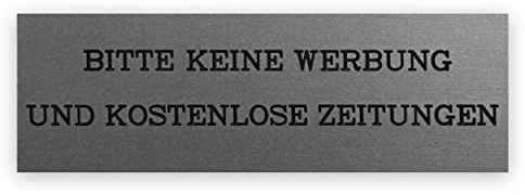 Gravur 24 Briefkastenschild Bitte keine Werbung und kostenlose Zeitungen zweizeilig graviert 7,5x2,5cm selbstklebend Silber