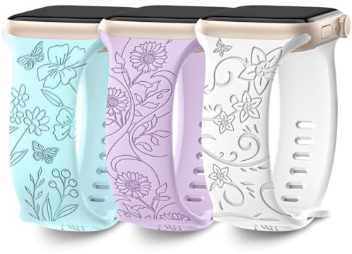 AMSKY 3 Pièces Floral Gravés Bracelets Compatible avec Bracelet Apple Watch 40mm 44mm 42mm 46mm 41mm 45mm 38mm 49mm Femme, Silicone Compatible avec iWatch Serie 11 10 9 8 7 6 5 4, SE 3 2 1