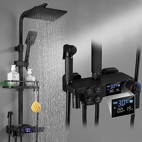 Duschsystem Schwarz mit Thermostat, 30 X 19 CM Kopfbrause, Vielseitig Duschset 86-120 cm verstellbare Duschstange, Edelstahl Duschsäule LED-Display, Duscharmatur mit 3 Funktion Handbrause und Armatur