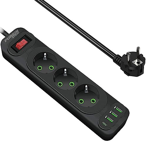 Regleta Enchufes con USB C, Protección sobretensión con 3 Tomas y 3 USB de Carga Rápida y 1 Tipo C, Extensión Protectora Multienchufe Alargador de 2 Metros (F23U Negro)