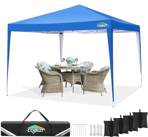 COBIZI Cenador plegable 3 x 3, resistente al agua, estable, para fiestas, protección UV 50+, carpa plegable de 3 x 3 m, con 4 sacos de arena para camping, playa, reuniones familiares (azul)