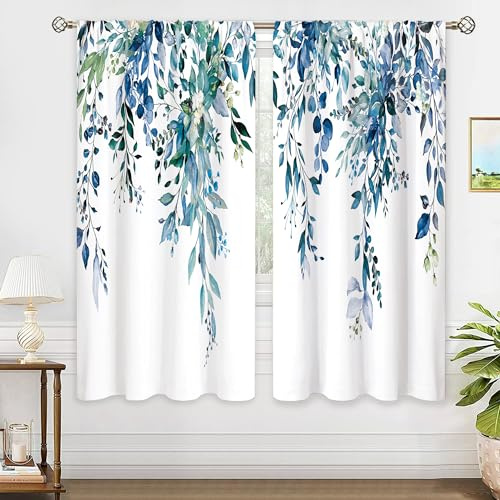 oolygoo Rideaux de fenêtre, motif de fleurs sauvages, plantes sauvages, herbe et feuilles d'eucalyptus, fleur turquoise, aquarelle, pour chambre à coucher, salon, bleu sarcelle, 106 x 160 cm (l x h)