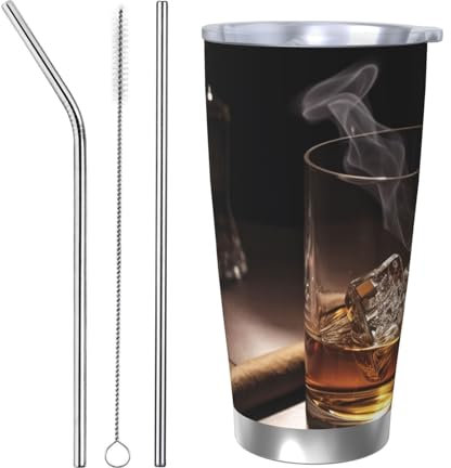 Qqlady 590 ml Reise-Kaffeebecher Whisky und Zigarette Bild Isolierter Becher mit Deckel und Strohhalmen Wiederverwendbare Edelstahl Wasserflasche Reise Kaffeetassen Tumbler für Frauen Männer